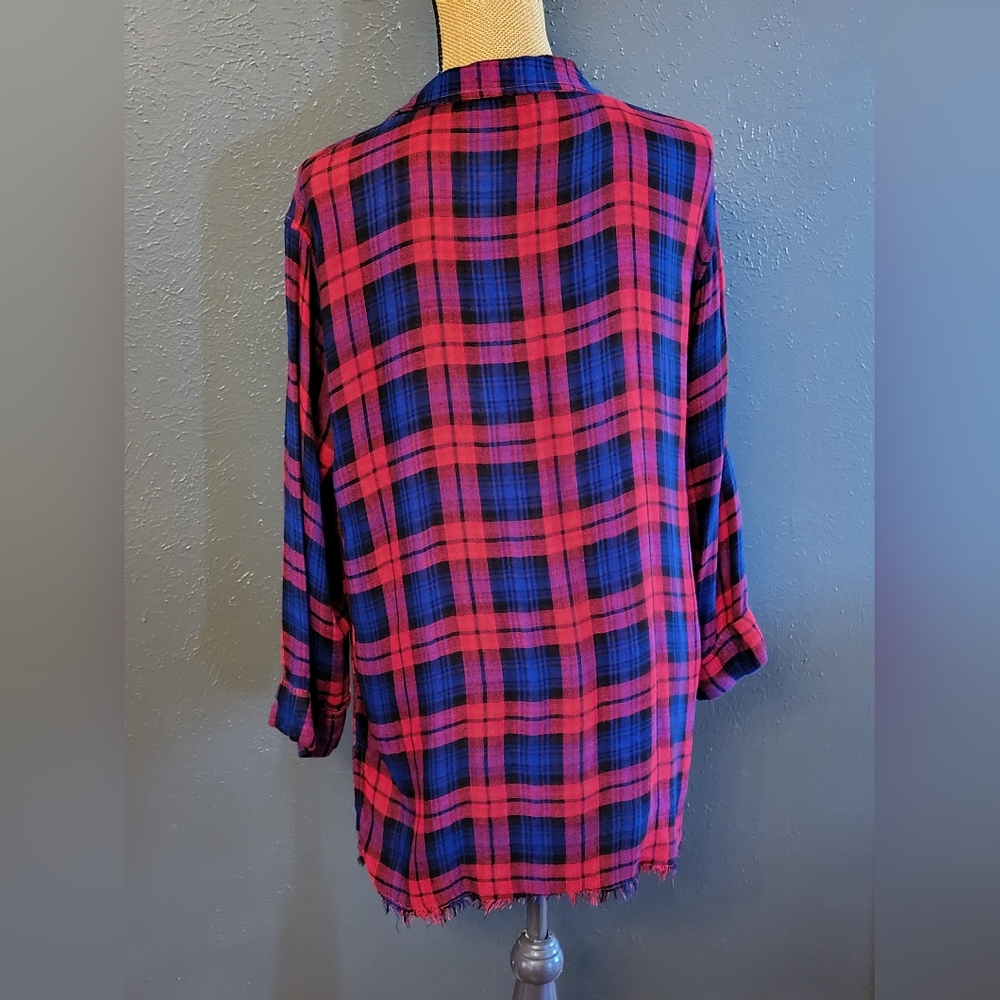 Umgee Flannel Plaid Blouse Pullover Tie Front Medium - Picture 6 of 10